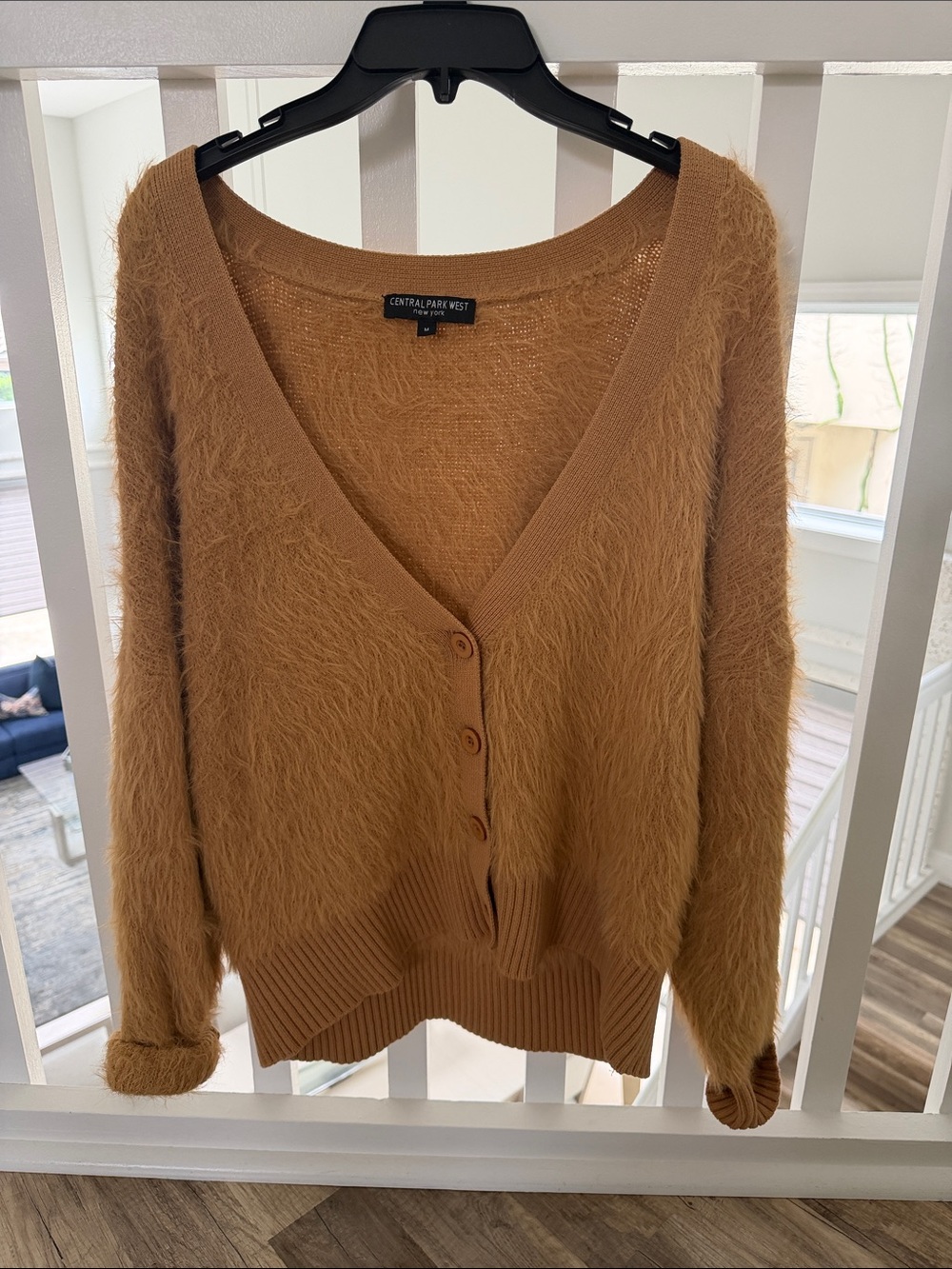 Central Park West Camel V-Neck Faux-Fur Button Cardigan